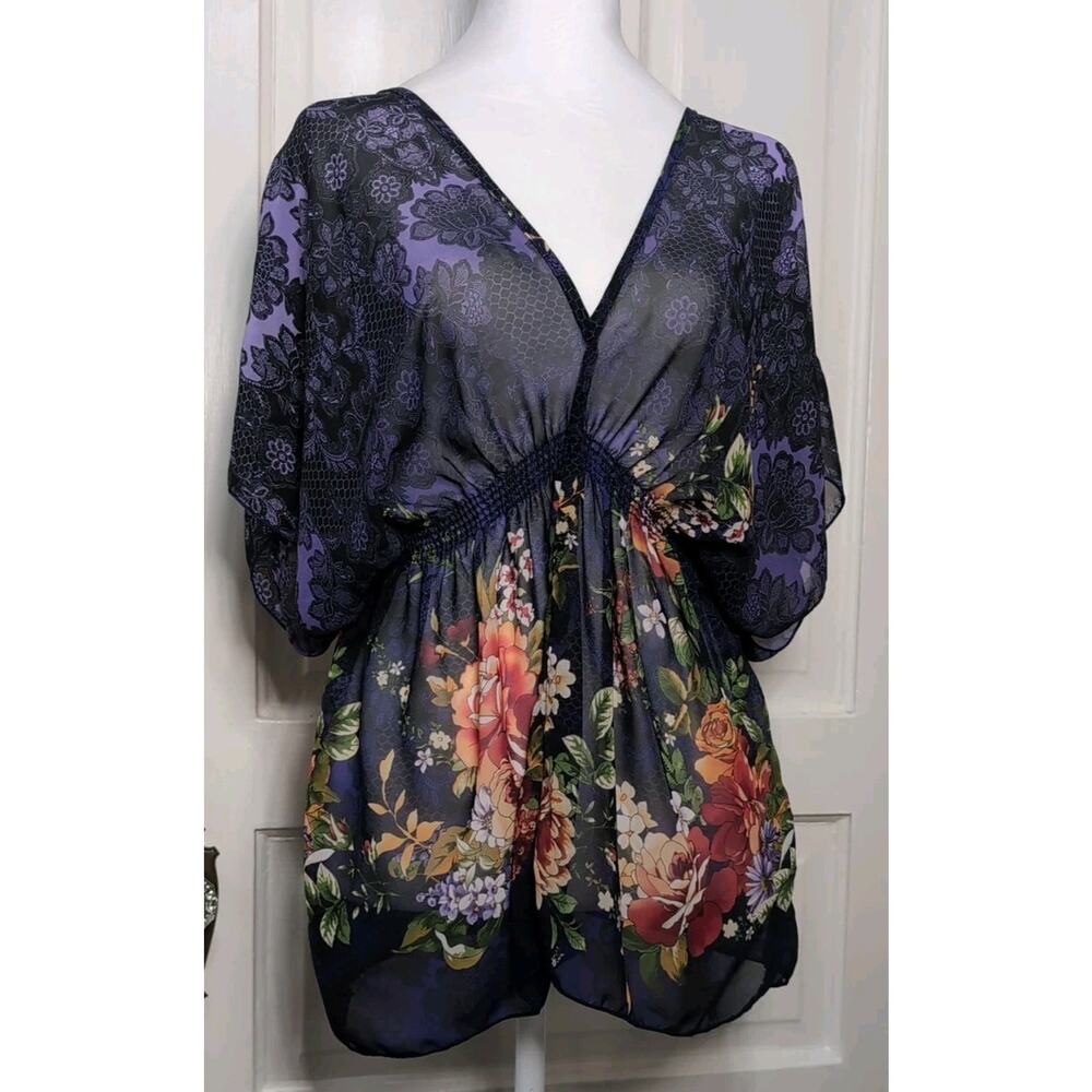 Papaya Floral Sheer Chiffon V-Neck Peplum Blouse Boho Woman's M(1179)